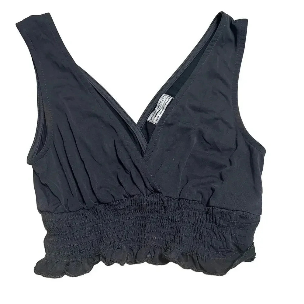 Urban Outfitters Ruched Cropped Tank Top Size XS Gray Bralette Feminine Deep V - Picture 2 of 5